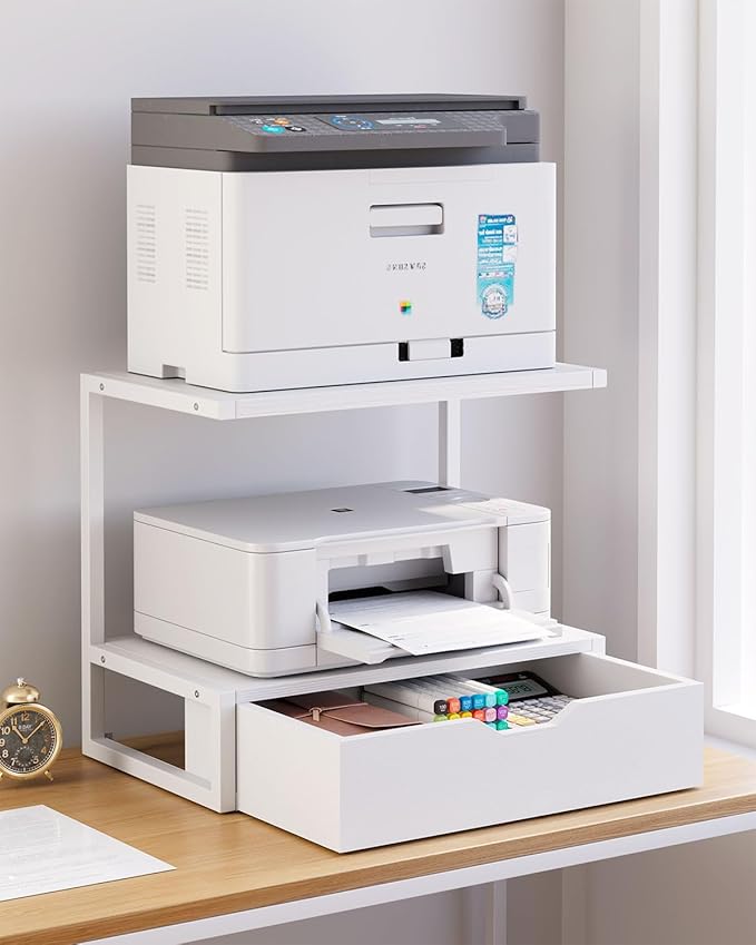 IBUYKE 2 Tier Desktop Printer Stand,Printer Table with Storage Shelf,Multi-Purpose Desk Organizer for Folders,Books,for Fax Machine, Scanner,Home Office,White TLJ015W