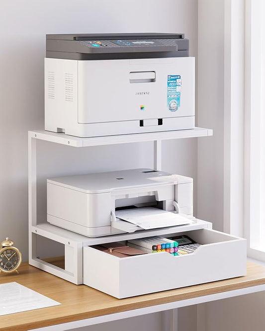 IBUYKE 2 Tier Desktop Printer Stand,Printer Table with Storage Shelf,Multi-Purpose Desk Organizer for Folders,Books,for Fax Machine, Scanner,Home Office,White TLJ015W