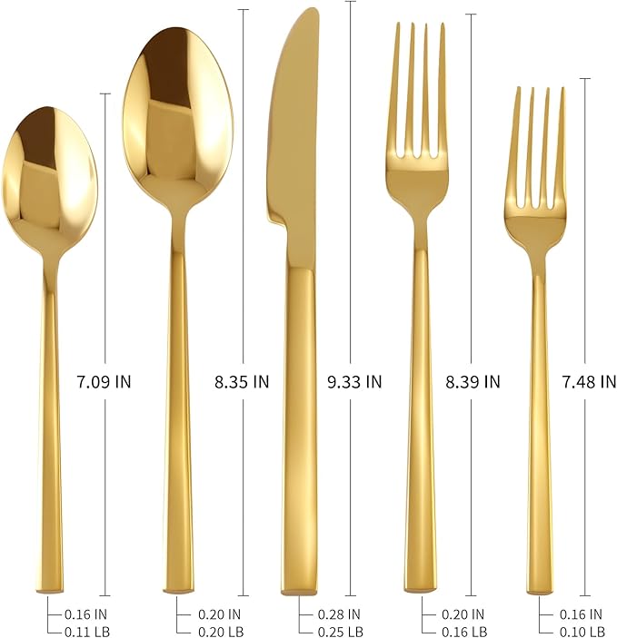 Stainless Steel Flatware Set Hand Forged 18/10 Silverware Set Cutlery Set Gold Cuboid Handle Mirror Finished 20 Pieces Service for 4