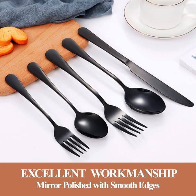 Lazycorner 20 Pcs Black Silverware Set for 4, Mirror Polished Flatware Set Stainless Steel Fork Knife Spoon, Food Grade Eating Utensils Sets, Reusable Silverwear Cutlery Set, Dishwasher Safe