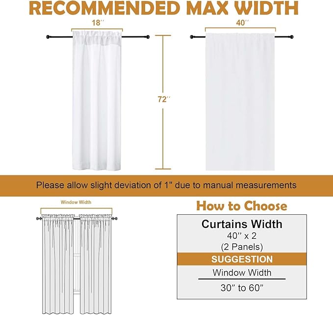 Aiyufeng Pure White Curtains for Bedroom 72 Inch Length 2 Panels Set, Room Darkening Window Treatment, Light Filtering Curtain Drapes, Soft Casual Rod Pocket Privacy Curtains, W40 x L72 Inch