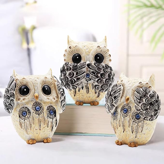 3 Owl Figurines Decor, Owl Statue Figurine, See No Hear No Speak No Evil Ornaments, Crafted Animal Sculpture, Cute Owls Decoration for Living Room, Office, Bookshelf, Bedroom - White