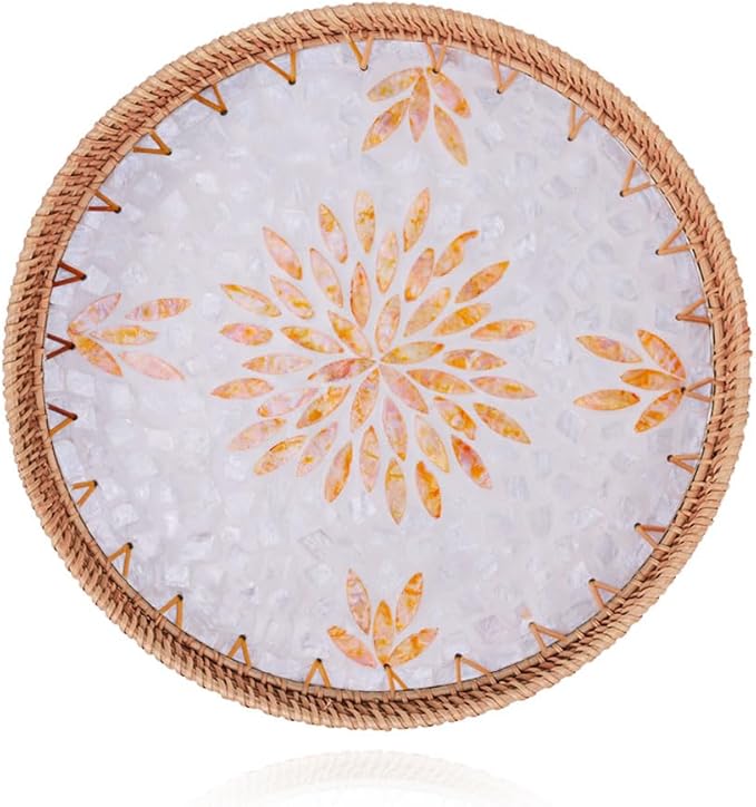 Shellac Rattan Tray with Mother of Pearl Inlay, Round Decorative Serving Tray for Home Décor Coffee Table Storage and Display, 100% Natural Materials - Orange 12"
