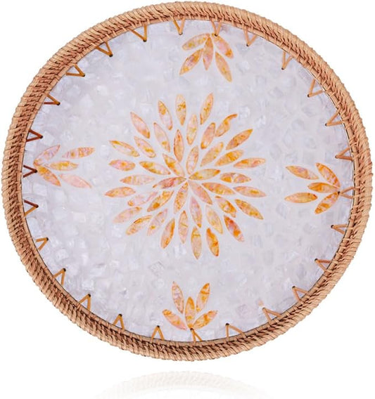 Shellac Rattan Tray with Mother of Pearl Inlay, Round Decorative Serving Tray for Home Décor Coffee Table Storage and Display, 100% Natural Materials - Orange 12"