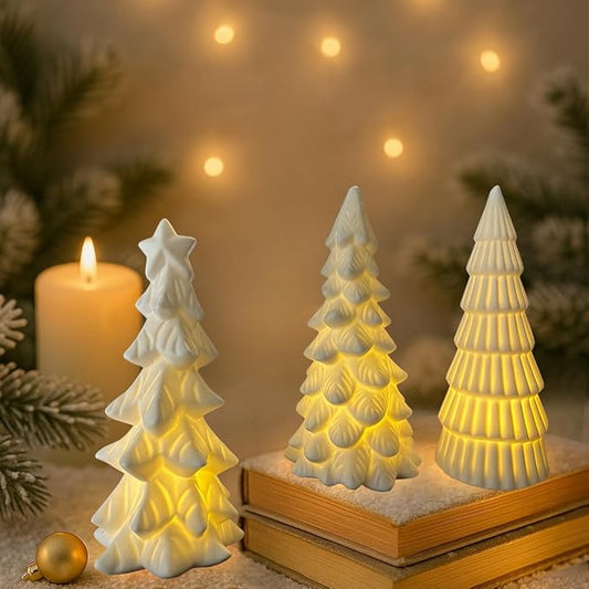 Lighted Ceramic Christmas Tree Decor 3Pcs Small White Christmas Trees with Lights Xmas Tree Figurines for Tabletop Mantel Shelf Fireplace Holiday Decorations for Home and Gift
