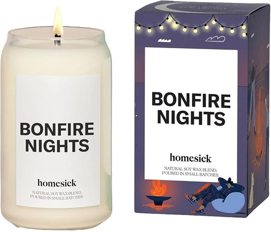 Homesick Bonfire Nights Scented Candle – 13 oz Soy Wax Candle with Organic Cotton Wick, 60–80 Hour Burn, Smoked Embers Vanilla Cedarwood Scent, Reusable Glass, Wedding & Engagement Gifts for Couples