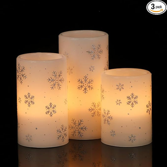 DRomance Silver Snowflake Flameless Flickering Candles Battery Operated with 6H Timer, 3 Pack Real Wax Warm Light LED Pillar Candles Dinner Tabletop Holiday Centerpiece Decor 3" x 6"