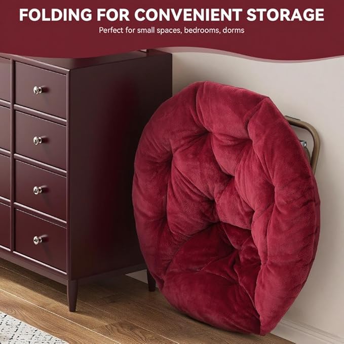 Magshion Saucer Chair for Adults, Comfy Living Room Lounge Chair for Bedroom Corner, Dorm, Apartment, Faux Fur Fluffy Circle Accent Seat with Thick Padded & Folding Metal Frame (Burgundy)