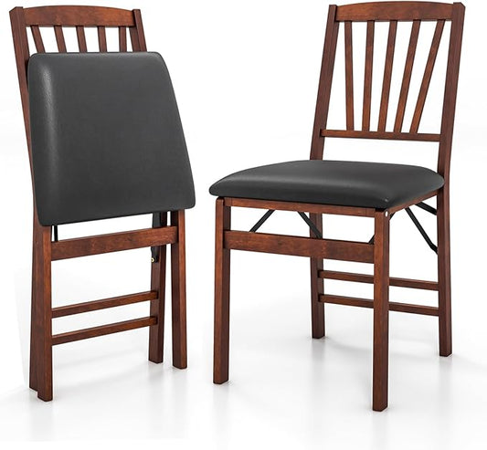 KOTEK Folding Dining Chairs Set of 2, Wooden Kitchen Chairs with Padded Seat & Solid Wood Frame, 400 LBS Weight Capacity, No Assembly Foldable Chair for Dining Room, Living Room