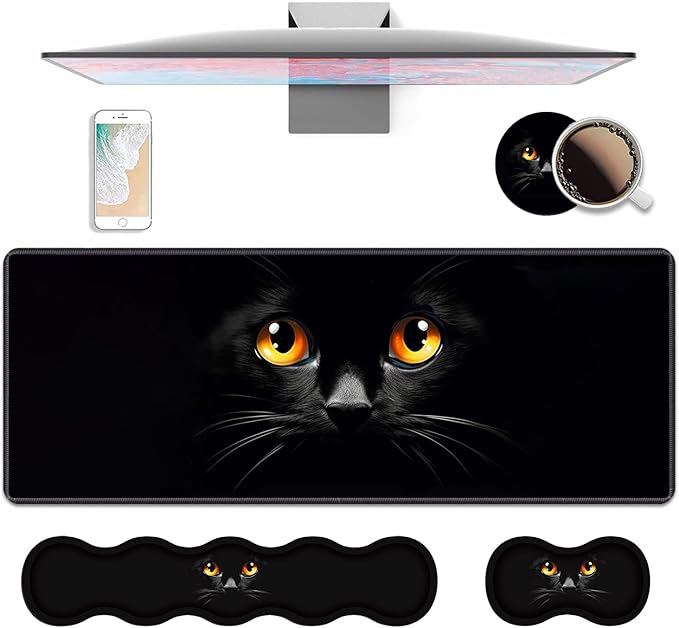 4 in 1 Ergonomic Keyboard Wrist Rest & Mouse Pad Wrist Rest Set, Large XXL Gaming Desk Mat 31.5"x 11.8" with Non-Slip Base, Memory Foam for Home Office Study Gaming, Black Cat Face