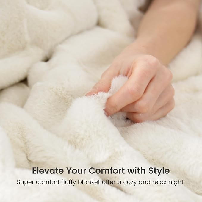Cozy Bliss Fluffy Faux Fur Blanket Queen Size for Bed, Fuzzy Soft Striped Plush Blanket, Thick Throw for Bedroom Couch Gift, 90x90 Inches Cream White
