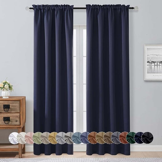 Aiyufeng Navy Blue Blackout Curtains for Bedroom 90 Inches Long 2 Panels Set, Solid Privacy Energy Saving Living Room Window Treatment Curtains Blackout Drapes, W40 x L90 Inch, Navy Blue