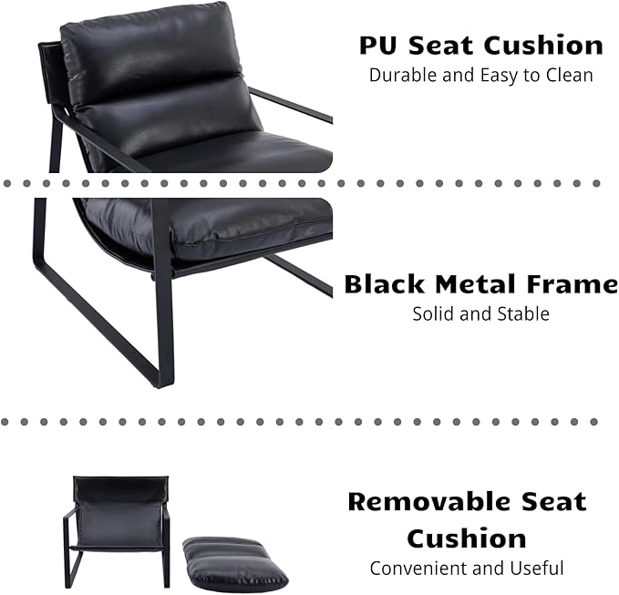 HEAH-YO Modern Accent Chair Set of 1, PU Faux Leather Living Room Chair with Removable Cushion and Solid Metal Frame, Comfy Reading Chair for Bedroom, Black