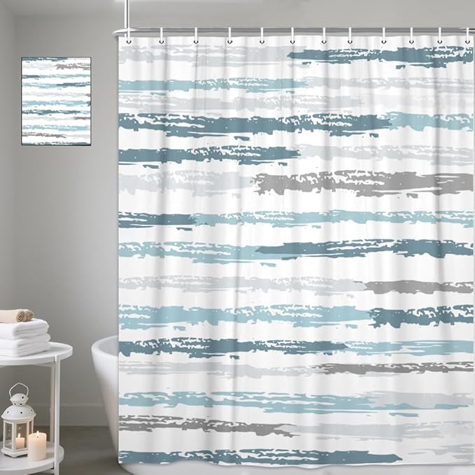JAWO Abstract Blue Shower Curtain for Bathroom Decor, Modern White Grey Stripe Aesthetic Minimalist Geometric Simple Neutral Watercolor Painting Waterproof Polyester Shower Curtain with Hooks,69X84