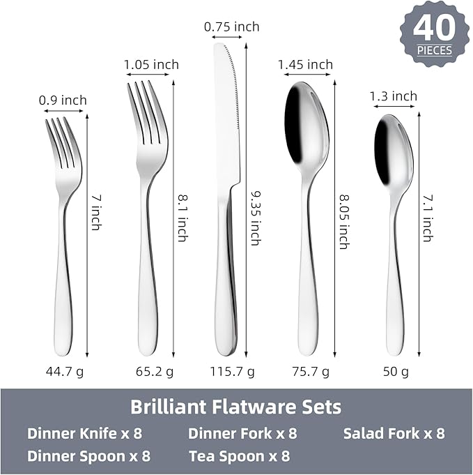 Silverware Set for 8, CITESANA 40-Piece Heavy Duty Mirror Polished Stainless Steel Flatware Set Cutlery Set Flatware Service for Home Kitchen