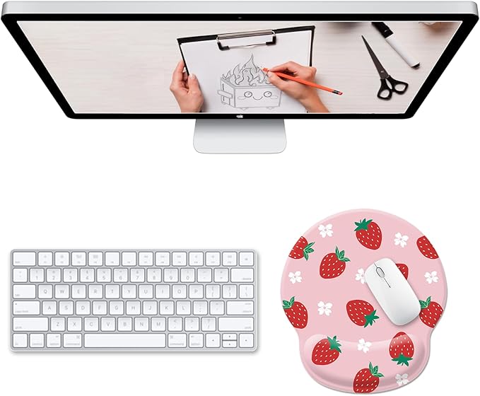 Pink Mouse Pad with Wrist Rest, Cute Strawberry Ergonomic Gel Mousepad Wrist Support, Computer Gaming Mouse Pad with Pain Relief Non-Slip PU Base for Desk Accessories Office Decor Supplies