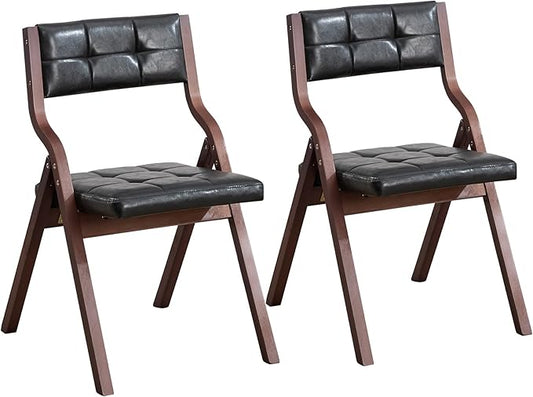 2-Pack Folding Dining Chairs with Cushion,Faux Leather Padded Foldable Dining Chairs,Portable Wooden Folding Chairs for Dining Rooms Kitchen Wedding and Party Indoor Black
