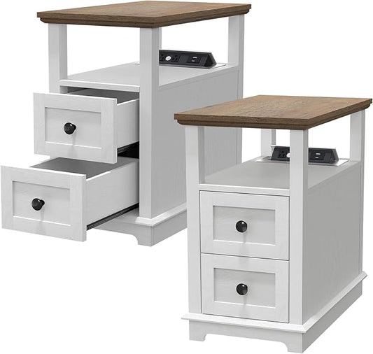 HIFYOBRO End Table with Flip Top Charging Station Set of 2, White Side Table with 2 Drawers, Type-C & USB Port & Power outlets, Narrow Wooden Storage Cabinet for Living Room and Bedroom
