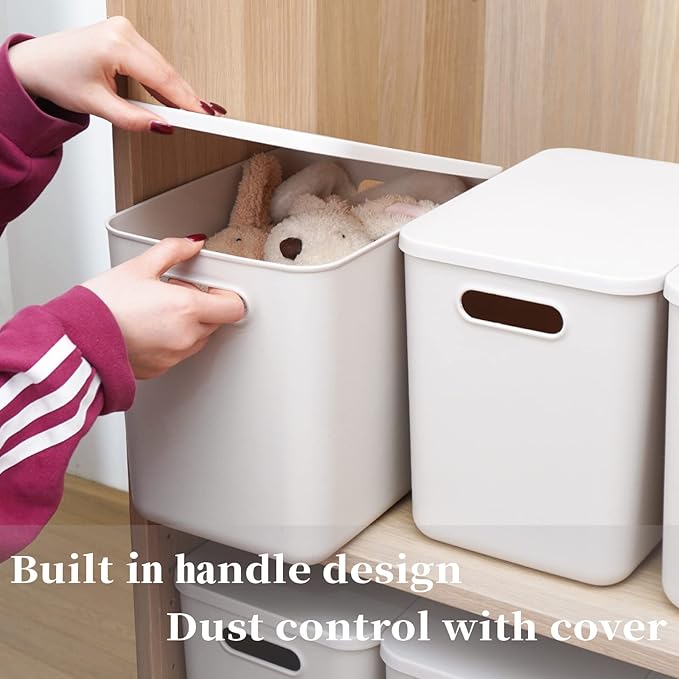 Plastic Storage Baskets With Lid Organizing Container Lidded Knit Storage Organizer Bins for Shelves Drawers Desktop Closet Playroom Classroom Office (4L, Light grey)