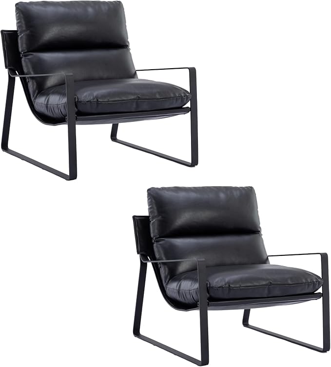 HEAH-YO Modern Accent Chairs Set of 2, PU Faux Leather Living Room Chairs with Removable Cushion and Solid Metal Frame, Comfy Reading Chairs for Bedroom, Black