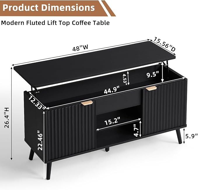 LEYAOYAO 48" Fluted Lift Top Coffee Table with Hidden Storage & Adjustable Shelves, Lifting Tabletop Large Rectangular Coffee Tables, Mid Century Modern Wood Center Table for Living Room,Black