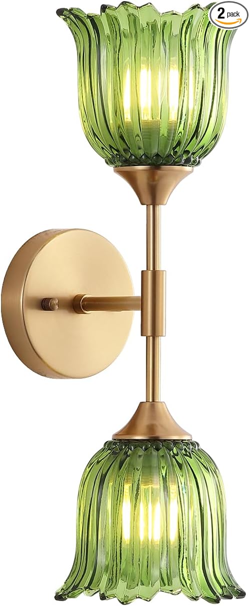 2-Lights Gold Wall Sconce with Green Glass Shades Modern Mid Century Bathroom Vanity Wall Light Fixtures Industrial Brushed Brass Wall Lamp for Bedroom Mirror Living Room