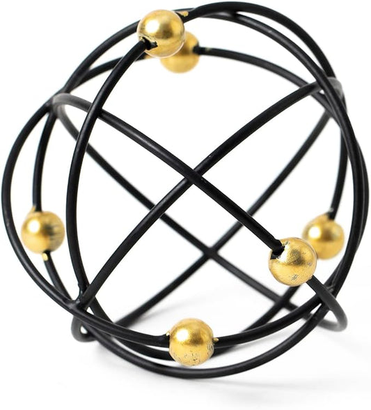 4.5" Modern Geometric Table Decor, Metal Decorative Sphere, Stylish Black Sculpture with Gold Balls, Table Decor Iron Orbs for Home Living Room Bedroom Office