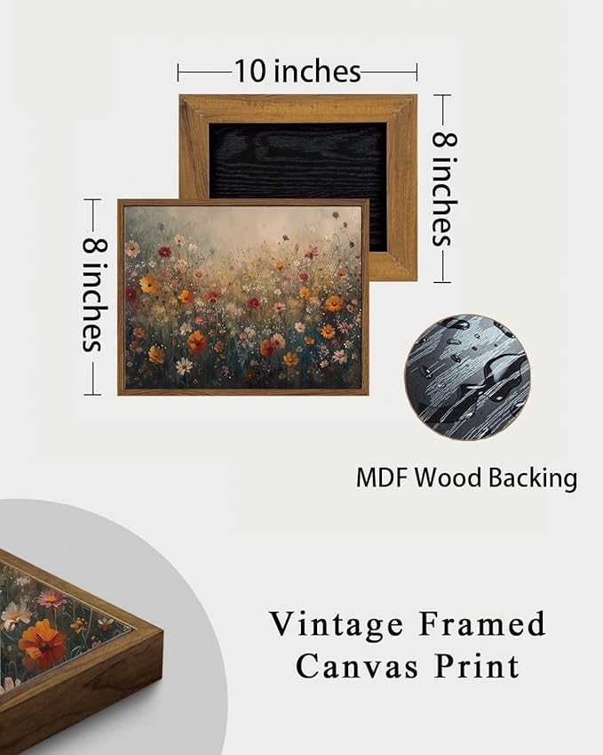 KISSFOX Vintage Framed Wall Art Farmhouse Dreamy Wildflower Field Canvas Art Colorful Daisy Floral Paintings Artwork Natural Rustic Art Prints For Bedroom Bathroom Living Room