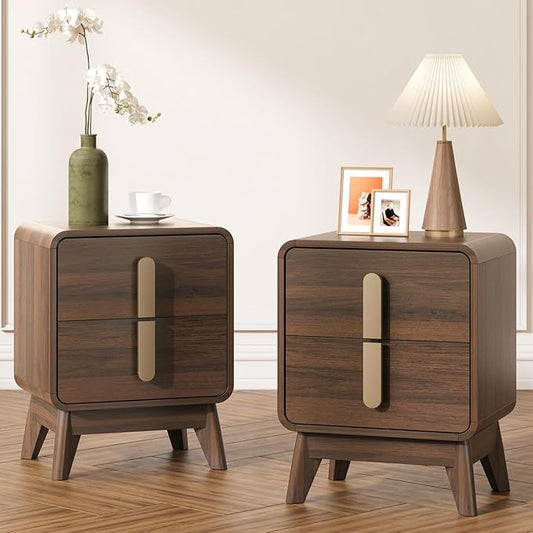 Nightstand Set of 2, Mid Century Modern Bedside Table with Drawers & Metal Handle, Curved Profile Brown End Table with Storage, Solid Wood Feet Side Tables for Bedroom, Dark Walnut