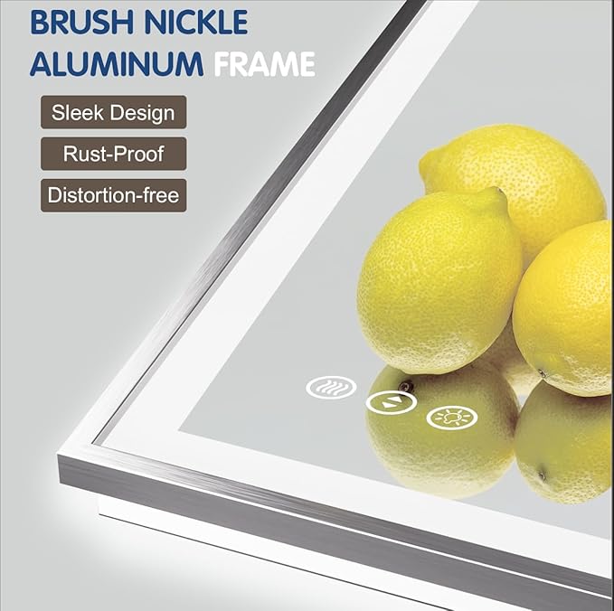 55x36 Silver LED Bathroom Mirror, Rectangle Brushed Nickel Lighted Mirror for Wall, Stepless Dimmable Led Vanity Mirror with Front-lit and Backlit, Tempered Glass, Anti-Fog, Memory