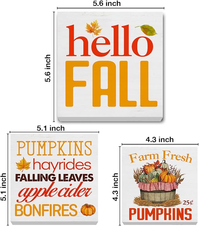 3 Pcs Fall Wood Signs Decor Autumn Wood Block Signs Farmhouse Hello Fall Pumpkins Wooden Box Signs Decorations for Home Tiered Tray Desk Table Shelf