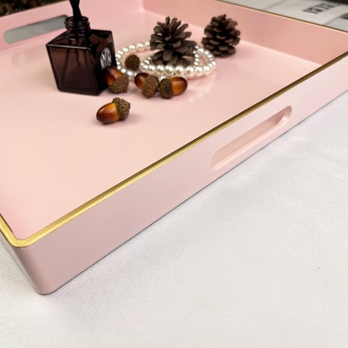 Pink Decorative Tray, Square Serving Tray with Handles, Plastic Coffee Table Tray for Ottoman, Living Room, Kitchen Tabletop, 13"x13"x1.6"