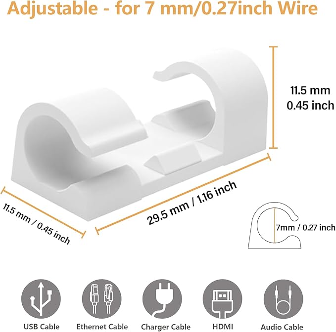 60 Pcs White Cable Clips with 3M Adhesive, Wire Holders Under Desk, Cord Management for Wall, Car, Ethernet, PC, Christmas Light Indoor/Outdoor