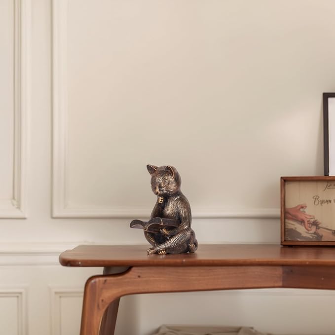 6.4 Inch Resin Reading Cat Figurine - Cute Animal Sculpture for Desk, Office, Bookshelf or Table Decor - Meditation Statue, Bronze Cat Lover Gift, Relaxing Book Theme Accent, Decorative Pet Ornament