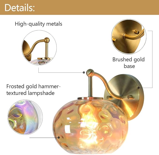 Gold Wall Sconce Light Amber Hammered Glass Vanity Lighting Brushed Brass Champagne Wall Lamp for Bathroom Over Mirror