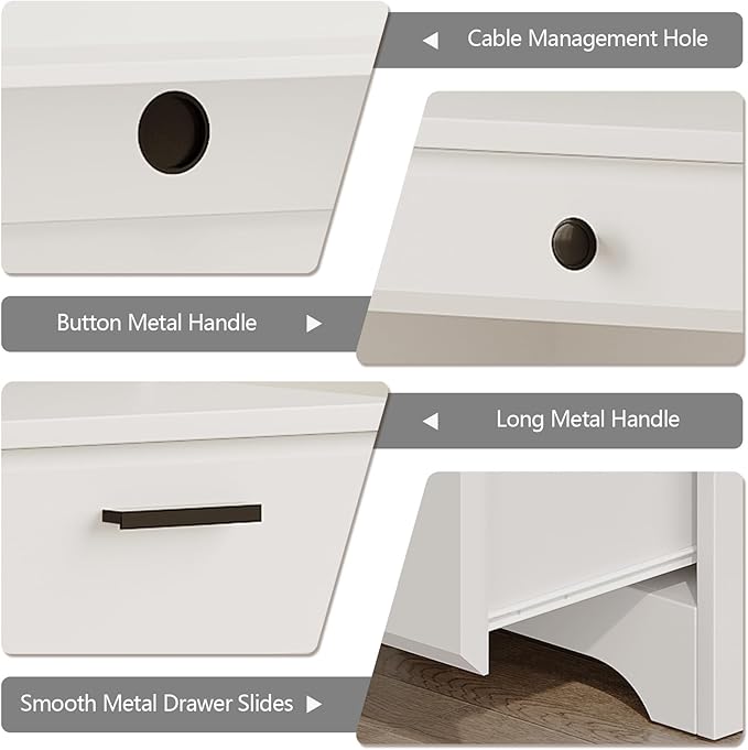 Executive Desk with Hutch, 58 Inch White Computer Desk with 5 Drawers, Home Office Desk with Storage, Rustic Desk with Adjustable Shelves and Storage Cabinet for Bedroom