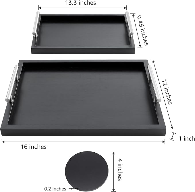 Decorative Ottoman Bamboo Serving Tray (Set of 2) | Black Sleek Metal Handles | 4 Matching Coasters | Coffee Table Decor | Serving Kitchen Platter (Bamboo Black) | for All Occasions