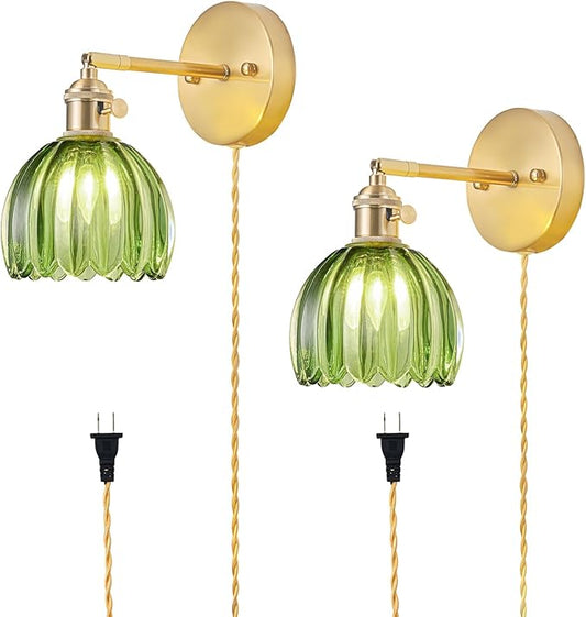 Plug in Wall Sconces Set of 2, Vintage Wall Sconce Light with Tulip Green Glass Lampshade, 180° Adjustable Wall Sconce with Switch and Plug in wall lamp Cord, Gold Wall Light Wall Decor Set of 2