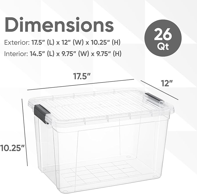 Superio Clear Storage Boxes with Lids, 26.5 Quart Plastic Container Bins for Organizing, Stackable Crates, BPA Free, Non Toxic, Odor Free, Organizers for Home, Office and Dorm, 5 Pack