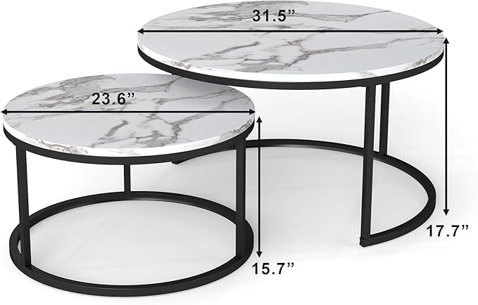 Nesting Coffee Table Set of 2, 31.5" Round Coffee Table Wooden Marble Pattern Accent Furniture, Industrial End Table for Living Room Bedroom Balcony (White/Black)