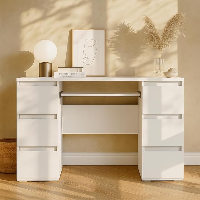 47'' Computer Desk with 6 Drawers and Keyboard Shelf, Modern Wood Writing Desk with Storage for Home Office, Bedroom, Gaming, Study, or Vanity Table – White