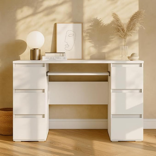 47'' Computer Desk with 6 Drawers and Keyboard Shelf, Modern Wood Writing Desk with Storage for Home Office, Bedroom, Gaming, Study, or Vanity Table – White