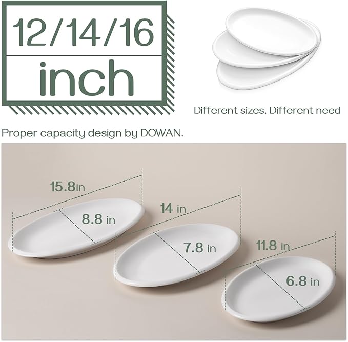 DOWAN Large Serving Platter, 16"/14"/12" Oval Platters Oven Safe, White Serving Plates for Wedding Decor, Ceramic Serving Dish for Entertaining Food, Set of 3