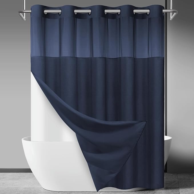No Hook Slub Textured Shower Curtain with Snap in Liner - Navy Fabric Outer Curtain & Waterproof Inner Liner, Hotel Style with See Through Top Window, 71x74 in