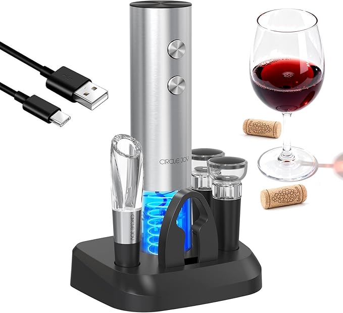 CIRCLE JOY Electric Wine Opener Stainless Steel Rechargeable Automatic Wine Bottle Opener Set 6-in-1 Top Gifts for Wine Lovers with Charging Base, Foil Cutter, Wine Aerator Pourer & 2 Vacuum Stoppers
