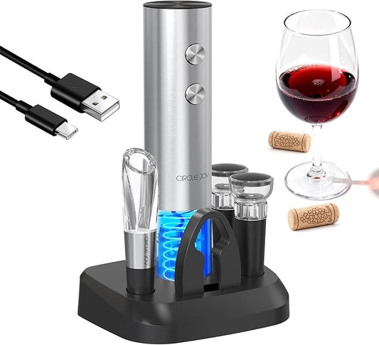 CIRCLE JOY Electric Wine Opener Stainless Steel Rechargeable Automatic Wine Bottle Opener Set 6-in-1 Top Gifts for Wine Lovers with Charging Base, Foil Cutter, Wine Aerator Pourer & 2 Vacuum Stoppers