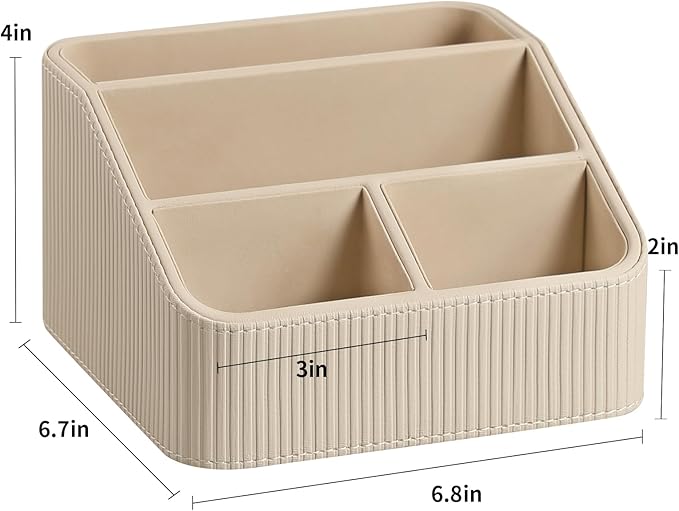 Remote Control Holder with 4 Compartments, PU Leather Small Nightstand Organizer for Home Desk Accessories Office Supplies, Multifunctional Stylish Small Bedside Desktop Organizers (Beige)