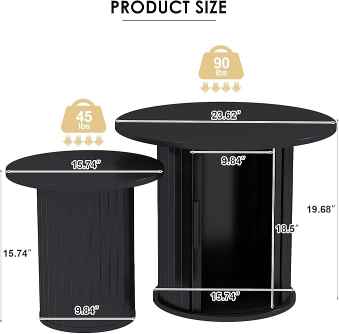 Nesting Coffee Table Set of 2 with Hidden Storage & Sliding Door, Circle Wood Coffee Table, Farmhouse Side & End Table Sets for Living Room, Small Spaces, Black