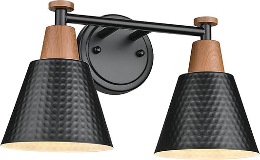 FEMILA Modern 2 Light Bathroom Vanity Lights, Industrial Bathroom Light Fixtures Over Mirror, Black Vanity Lighting Fixtures, Woodgrain Finish, 4FG59B-2W BK-NW