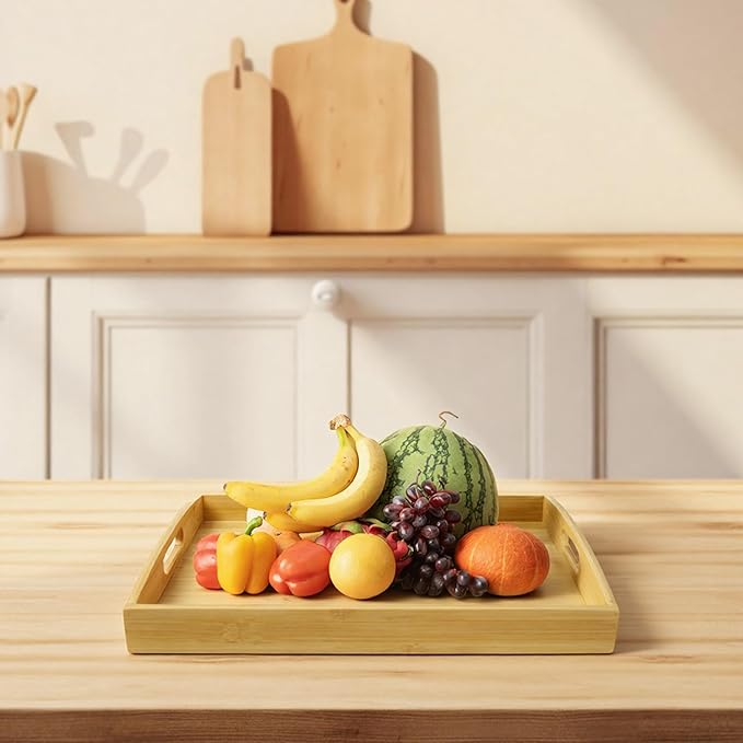 Set of 2 Bamboo Serving Tray with Handles, Decorative Wooden Tray for Breakfast, Dinner, Coffee Table - Portable Bamboo Tray for Ottoman, Kitchen, Living Room Bedroom, Outdoor Scenarios and More